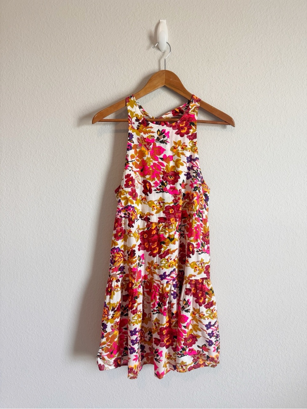 Natural Life Halle Neon Floral Print Tiered Bow Back Mini Dress Size Small